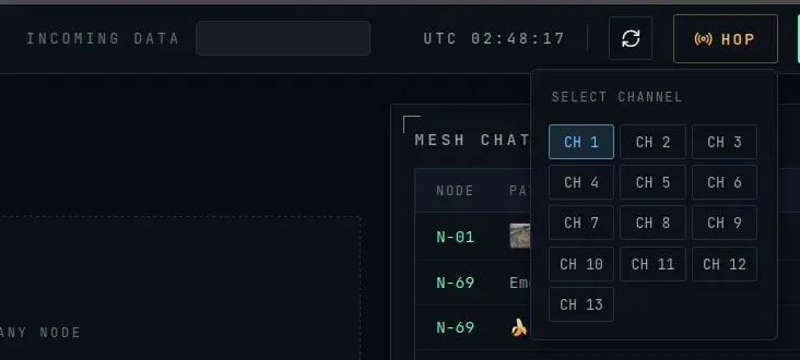 The hop control in the LITM dashboard’s status bar: a Hop button opens a grid of Wi-Fi channels 1 to 13, with channel 1 selected.
