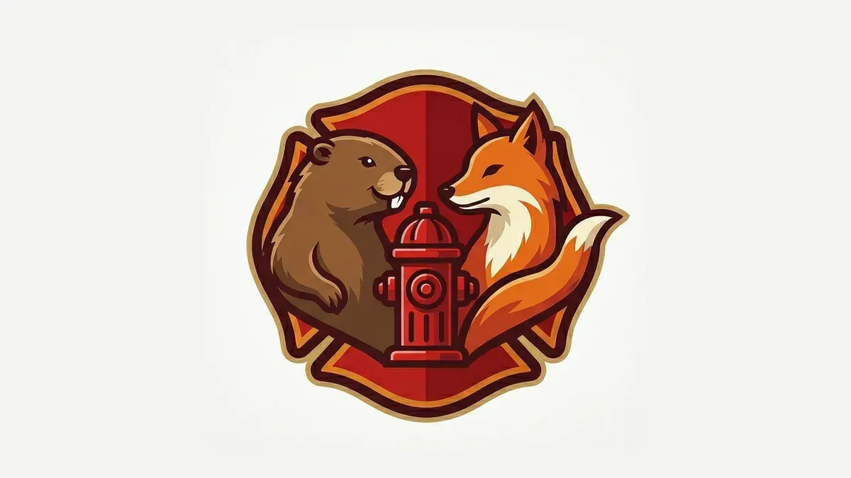 MaKe's app icon: a beaver and a fox on either side of a red fire hydrant, on a red fire service badge.