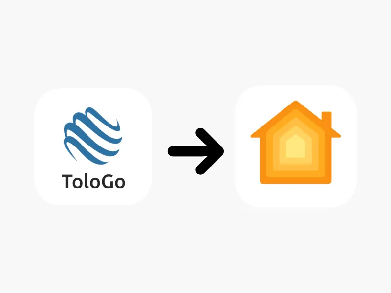 The ToloGo logo with an arrow pointing to the Apple Home app icon.