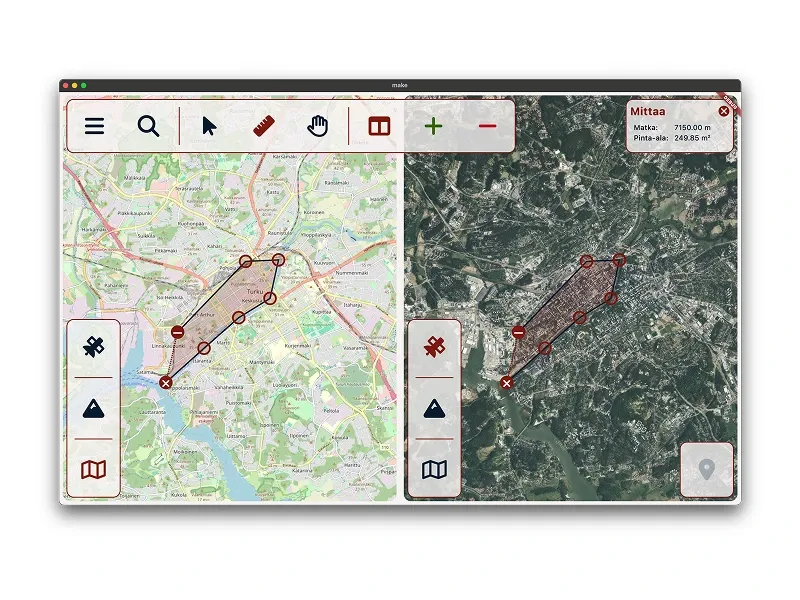 MaKe in split view: a street map and aerial imagery of the same area side by side, with the same measurement polygon drawn on both