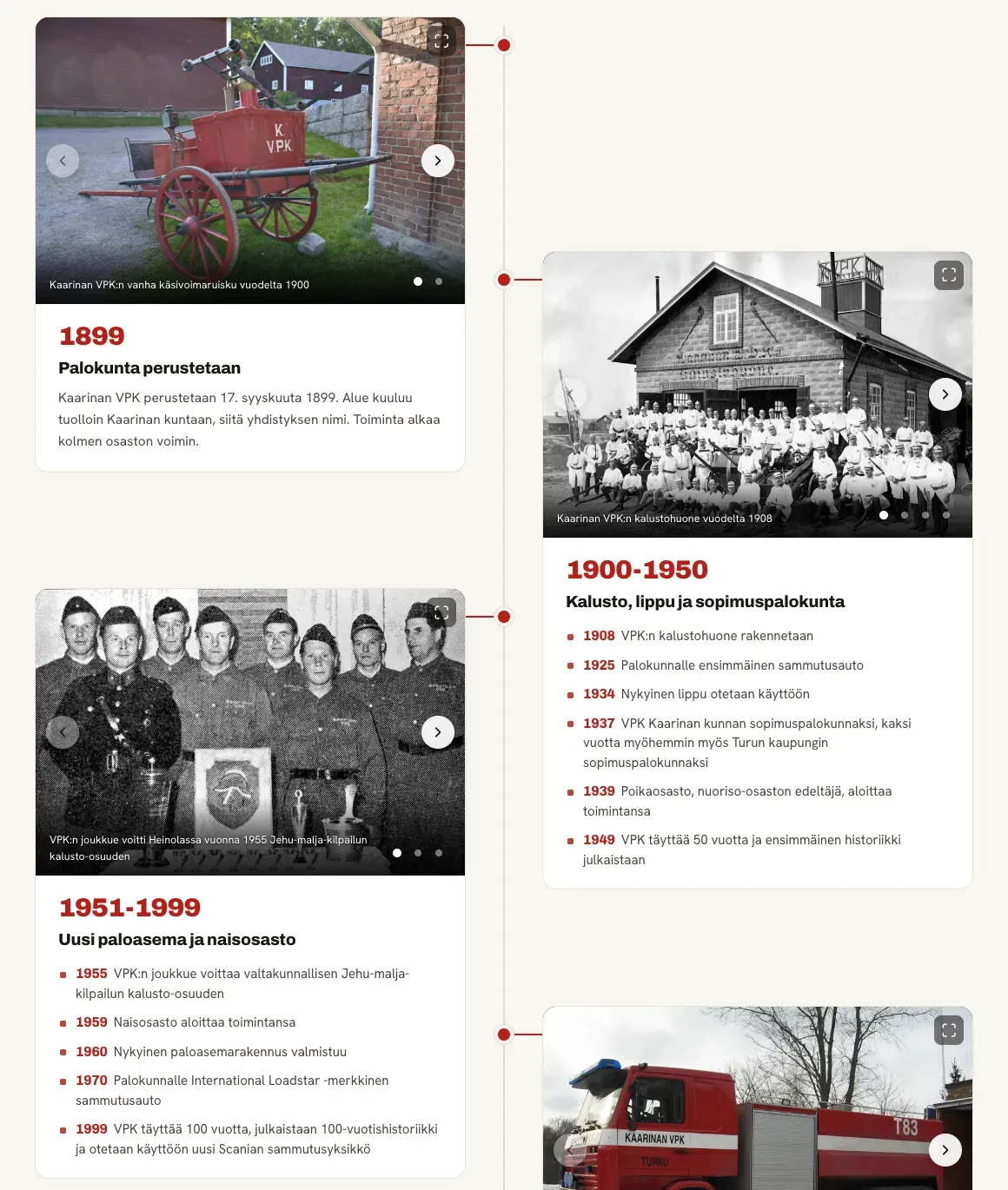The history timeline: cards with old photos on alternating sides of a vertical line, from the 1899 founding card to decade boxes that list events from 1908 to 1999.