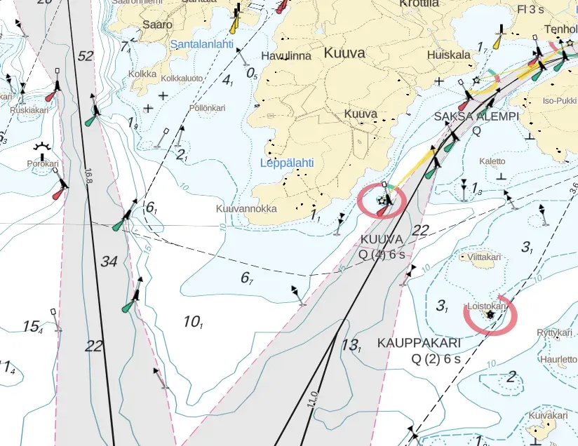 A Finnish sea chart: a buoyed fairway running between islands, with depth numbers, green and red lateral marks, cardinal marks, light symbols and a planned route drawn in yellow.
