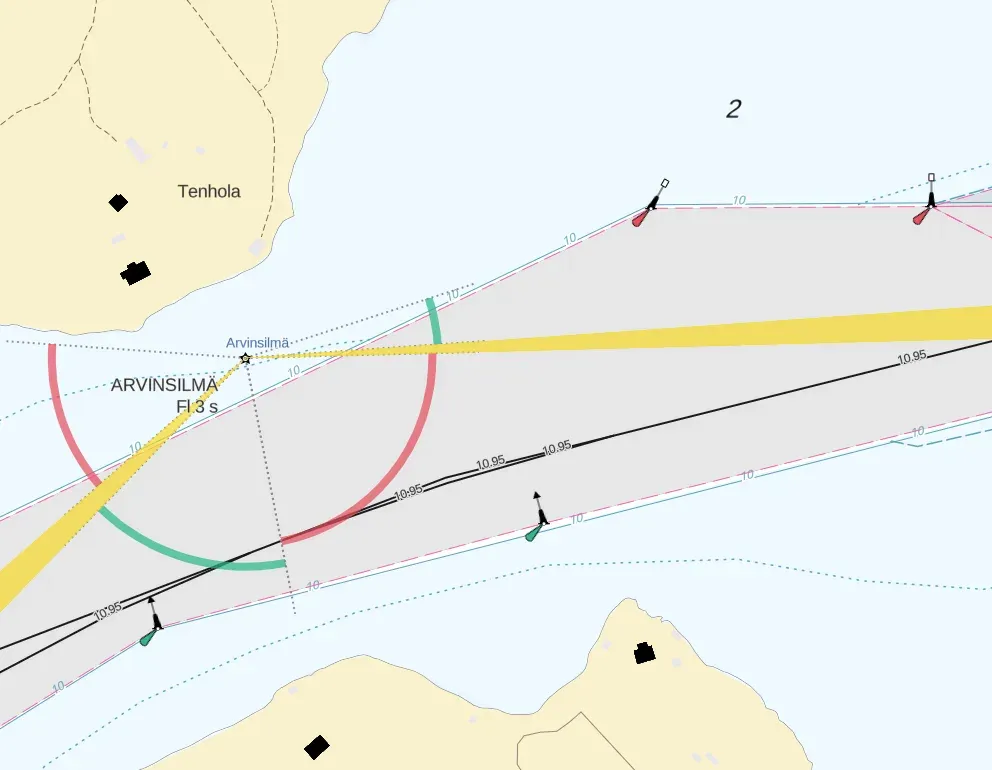 A close-up of a sea chart: a sector light with its red and green sectors drawn as arcs around a lighthouse, a fairway with depth-line labels, and a yellow route line crossing it.